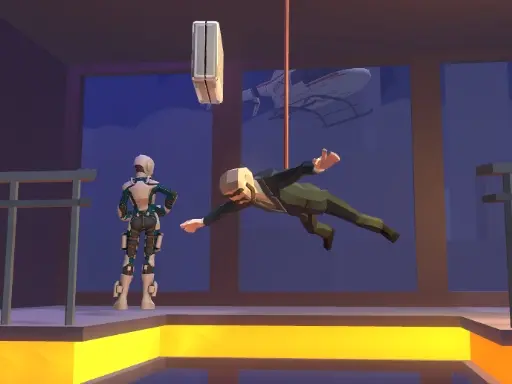 Cena de jogo com personagem de terno pendurado por uma corda em uma sala futurista, enquanto um robô observa de costas. Ambiente com armadilhas e desafios estratégicos.